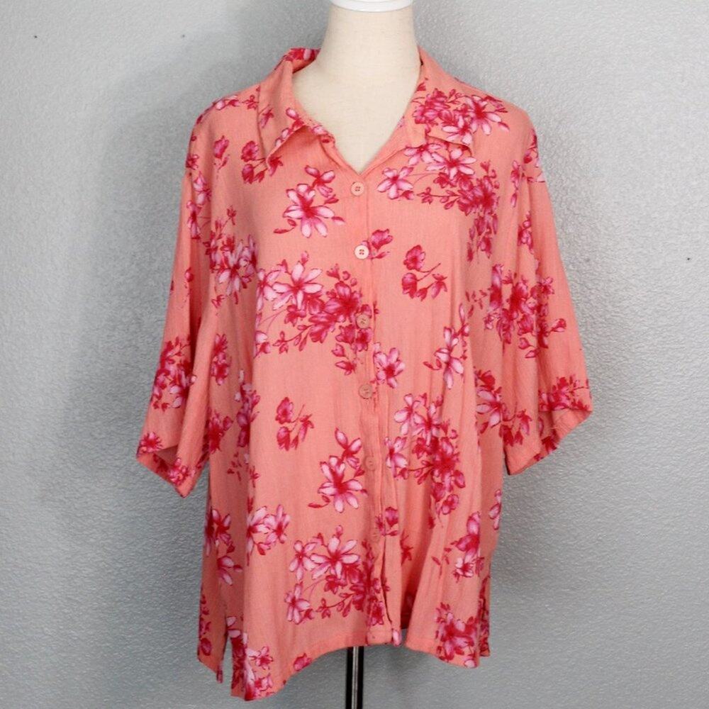 Fashion Bug Floral Coral Short Sleeve Button Down Blouse Size 22 / 24 W